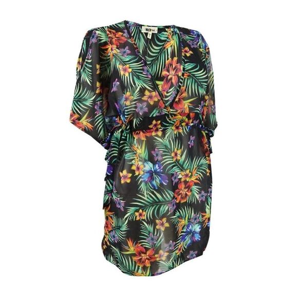 Miken Women's Tropical Printed Chiffon Dolman-Sleeve Dress Swim Cover-Up. XS EUC - Picture 1 of 7